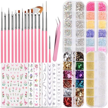 Nail Design Kit - Art Brushes, Dotting Tools, 3D Flowers &amp; Charms, Gold Leafs, Butterfly Stickers