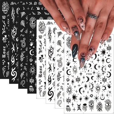 10 Sheets Gothic Nail Art Stickers Decals Eyes Star Moon Black White Mix Nail Decals 3D Self-Adhesive Flower Leaf Snake Fishbone Designs Nail Art Supplies Rose Nail Stickers for Women Nail Decorations