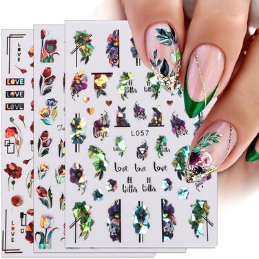8 Sheets Flower Nail Art Stickers 3D Self-Adhesive Holographic Nail Stickers Spring Summer Nail Decals Floral Leaves Designs Nail Art Supplies Laser Colorful Nail Accessories for Women DIY Manicure