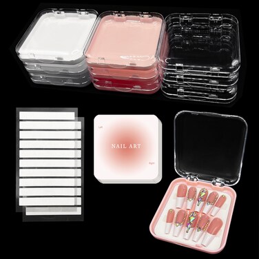 9Pcs Press On Nail Storage Box in 3 Colors, False Nails Acrylic Display Case with 9Pcs Fake Nails Display Cards and 20Pcs Adhesive Double Sided Tape for Nail Art Home Salon Packaging Use
