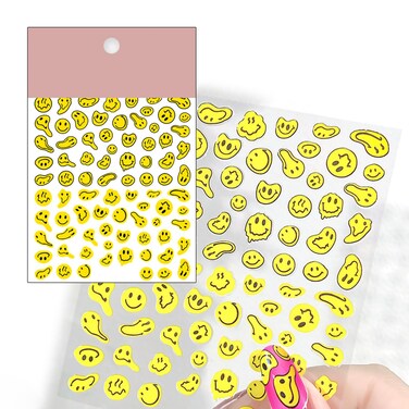 Nail Stickers for Women,Fun Nail Art Stickers,Nail Decals 3D Self-Adhesive Fashion Trend Charm,Twisted Smiling Face Nail Design,DIY Decoration for Women and Girls (Yellow 1 Pack)