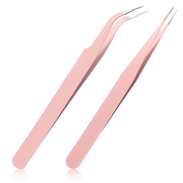 2pcs Sticker Tweezers,Pink Tweezers,Eyelash Tweezers for Lash Extensions,Stainless Steel Lash Cluster Tweezers,Straight and Curved Tip Tweezers for Crafting,Eyelash Extensions,Nail Art Sticker