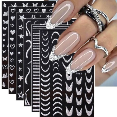 Silver Glitter Nail Art Stickers - 3D French Tip Self-Adhesive Line Stripe Nail Decals Heart Star Butterfly Designs for Nail Art Supplies Decoration for Women - 8 Sheet