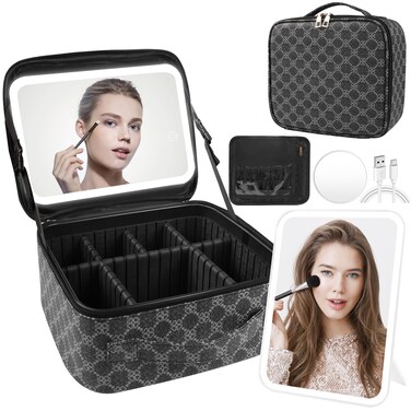 Makeup Bag with Lighted Mirror, Travel Make up Train Case with Adjustable Brightness Vanity Mirror and Detachable 10x Magnifying Mirror (Grey Clover)