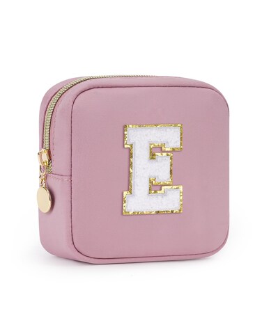 Wandering Nature Personalized Mini Initial Makeup Bag with Glitter Chenille Letter Patch, Small Preppy Makeup Bag with Slip-In Pockets(Patent Pending)