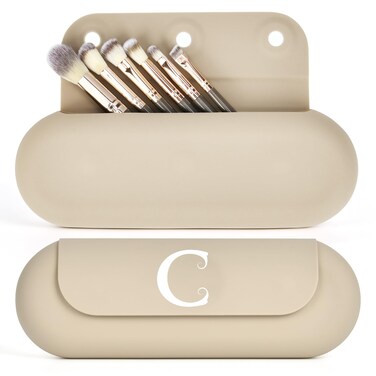 Makeup Brush Holder Silicone Travel Makeup Bag Pouch Brush Organizer, Makeup Brush Case with Cleaner Inside Travel Essentials for Women Gift (Initial C)