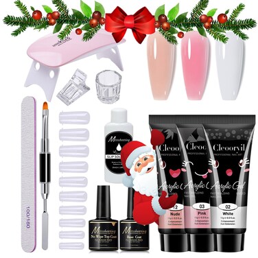 Poly Nail Extension Gel Kit with Nail Lamp.Pink White Poly Nail Gel Nail Extension Set Nail Art Design Beginner Kit with Poly Brush and Slip Solution (3 Colour )