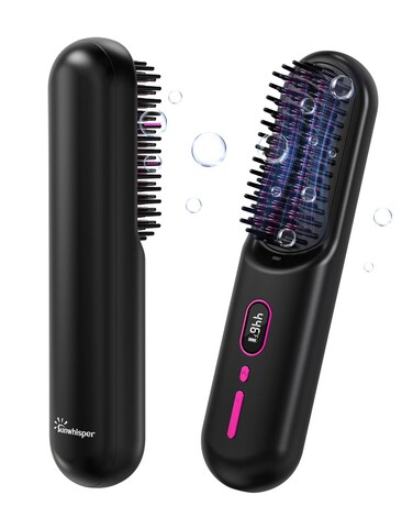 Cordless Hair Straightener Brush with 200 Million Anion, Portable Comb for Travel with LCD Display, 2 Clips - Black