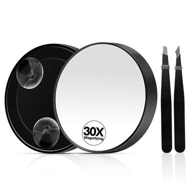 MIYADIVA 30X Magnifying Mirror, Magnifying Mirror Suction Cup, Travel Makeup Mirror with Precise Tweezers, Compact Mirror for The Removal of Female Facial Hair, 3.5 Inches (Black)