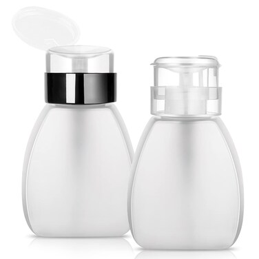 2 Pack 250ml/8.3oz Push Down Pump Dispenser Empty Plastic Lockable Nail Polish Remover Pumping Bottle Container with Flip Cap for Nail Polish Makeup Remover Liquid Alcohol Translucent