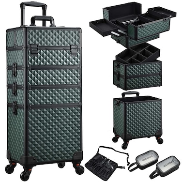 Stagiant Rolling Makeup Case 4 in 1 Cosmetology Case on Wheels Makeup Travel Case with Brush Waist Bag Key Swivel Wheels Salon Barber Case Traveling Cart Trunk Cosmetic Trolley Dark Green