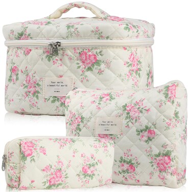 Cute Makeup Bag for Women(3 Pcs), Quilted Floral Coquette Aesthetic Make up Bags, Travel Cosmetic Bags Toiletry Organizer Bag(Pink Flower)