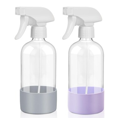 UUJOLY Plastic Spray Bottle Trigger Empty Spray Bottles Clear Refillable Container for Water, Essential Oils, Hair, Cleaning Products, Adjustable Head Sprayer and Stream, Purle + Dark Grey