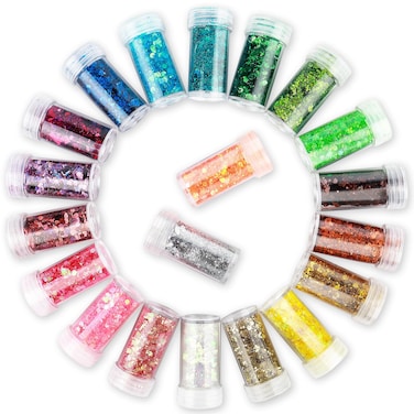 Holographic Glitter, Chunky and Fine Glitter Mix, Set of 20 Colors 10g, Glitter for Crafts Tumblers, Iridescent Glitter Flakes, Eye Hair Face Body Chunky Glitter, Glitter Flakes Sequins Set