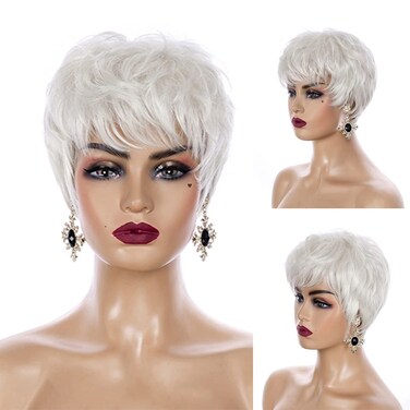 Sallcks Short White Pixie Wig for Women Layered Synthetic Heat Resistant Pixie Wig for Party Cosplay Use (White)