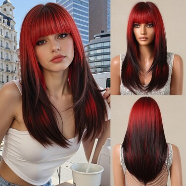 testar Ombre Red Black Wigs for Black Women Long Straight Wigs With Bangs Cosplay Wigs Natural Looking Synthetic Wig Heat Resistant Layered Cosplay Wigs Daily Use 22 IN