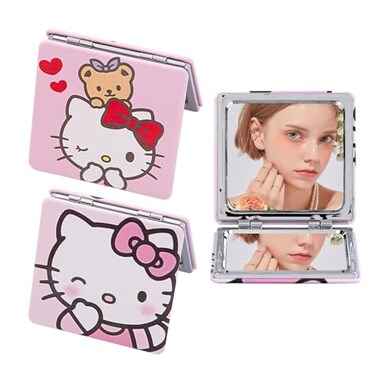 2Pack Cute Travel Compact Mirror, Small Pocket Makeup Mirror with 1X/2X Magnifying, PU Leather Kawaii Mirror, Makeup Gift for Women Girls Friends