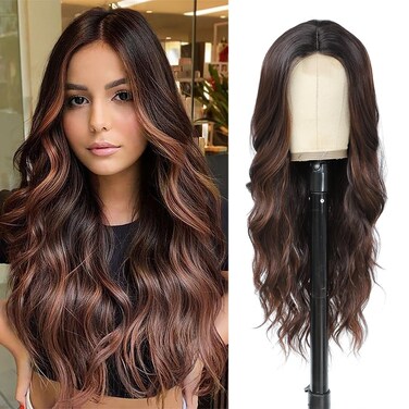 Long Brown Wavy Wig with Lace Hairline 26 Inch Middle Part Curly Wigs with Highlights for Women Synthetic Heat Resistant Fibers Wig for Daily Wear and Party Use (Dark Brown with Highlights)