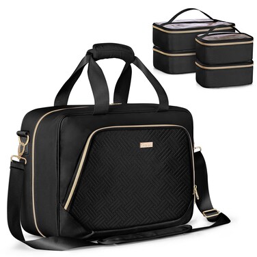 Professional Makeup Artist Travel Case with 4 Detachable Cosmetic Bags, Large Make up Organizer Bag with Makeup Kit Storage Section and Hair Tools Pocket, Black (Empty Bag Only)