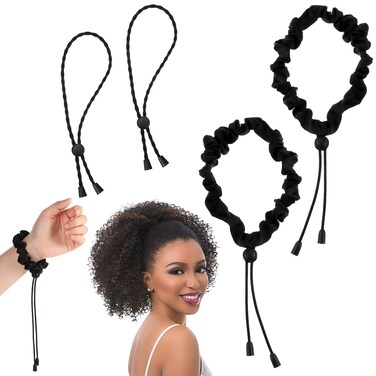 Satin Hair Scrunchies, 4 Pcs Adjustable Hair Bands Silk Hair Tie Afro Puff Ponytail Holders No Slip Hairband Hair Accessories for Women Girls Thick Curly Hair