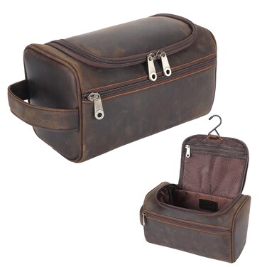 TIDING Men's Leather Hanging Toiletry Bag Portable Travel Dopp Kit Cosmetics Makeup Toiletries Organizer Shaving Kit Wash Bag