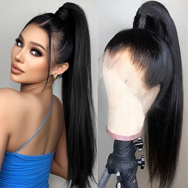 250% Density 360 Lace Front Wigs - Pre Plucked HD Transparent Straight 26 Inch Lace Front Wigs - 360 Full Lace Human Hair Wigs for Women - Natural Black