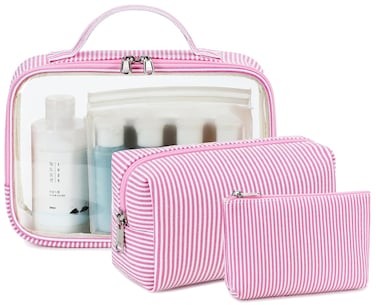 Bluboon 3Pcs Makeup Toiletry Bag for Women, Clear Packing Cubes Cosmetic Bag for Travel Women With Zipper Travel Essentials (Pink White Stripes)