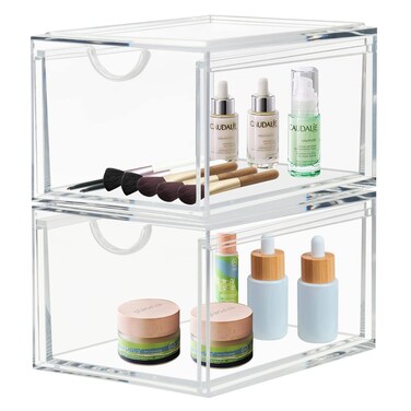 2 Pack Stackable Cosmetic Organizer Drawers, Clear Acrylic Makeup Storage Organizer Box, Plastic Storage Bins Vanity Container for Bathroom Countertop, Bedroom Dresser, Kitchen Cabinets