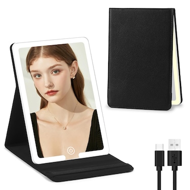 Travel Makeup Mirror with Lights, PU Cover Travel Mirror with 3 Light Settings, Rechargeable 1500mAh Lighted Makeup Mirror Portable Ultra Slim Vanity Mirror of 8x5.5inch, Travel Essentials