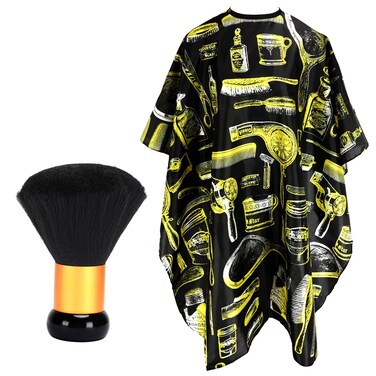 FEBSNOW Hair Cutting Cape Kit,Professional Barber Cape with Neck Duster Brush for Adults Waterproof Salon Cape with Adjustable Closure Snap Salon Barber Supplies 47x55 Inches(Yellow Printed Pattern)