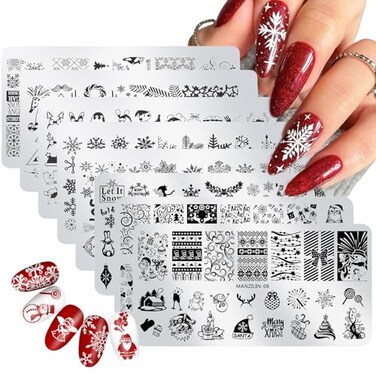 Christmas Nail Stamping Plates - Winter Stamp Kit with Snowflake, Santa Claus, Christmas Tree, Elk &amp; Candy Bells Designs - DIY Stainless Steel Nail Image Polish Template Kit (8Pcs)