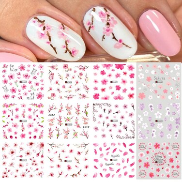 Vezocim Nail Art Stickers Decals, Holographic Cherry Blossoms Nail Water Transfer Decal Designs, Pink Flower Nail Sticker Acrylic Supplies for Women Girls Manicure Tips Decorations (A1621-1632)