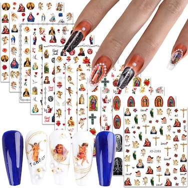 God Jesus Nail Art Stickers Decals, Christ Virgin Maria Love Cupid Angel Satan Nail Self-Adhesive Sticker Designs, Holographic 3D Angel Nail Transfer Decal for Women Girls Manicure Tips Decorations