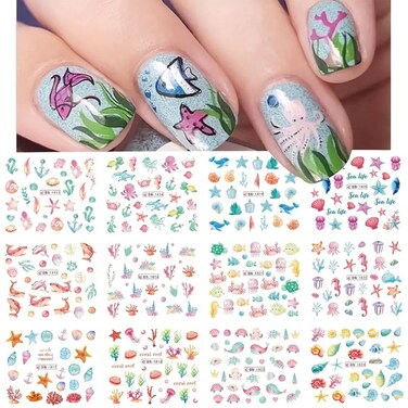 12 Sheets Ocean Water Transfer Nail Decals Cute Sea Creature Sea Shell Starfish Jellyfish Sea Turtle Summer Nail Decals Watermark Nail Designs Manicure Stickers Nail Art Accessories(34)