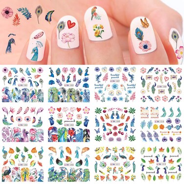 Vezocim Nail Art Stickers Decals, Holographic Peacock Nail Water Transfer Decal Designs, Birds Flower Leaf Nail Sticker Acrylic Supplies for Women Girls Manicure Charm Decorations (BN1201-1212)