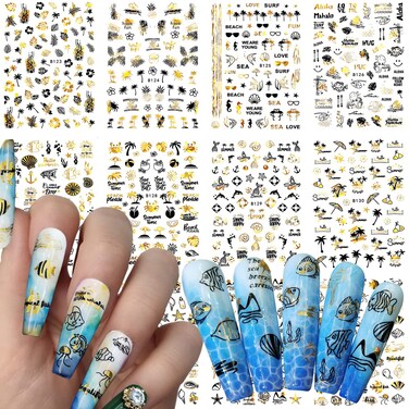 Gold Nail Art Stickers, Coconut Tree Leaf Fish Conch Jellyfish Nail Art Decals Holographic 3D Marine Life Self-Adhesive Nail Sticker Design for Women Girls Manicure Charms Decorations DIY Nail Decal