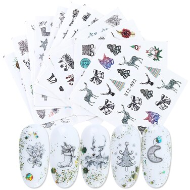 Vezocim Nail Art Stickers Decals, Holographic Christmas Nail Water Transfer Decal Designs, Winter Snowflake Elk Nail Sticker Acrylic Supplies for Women Girls Manicure Charm Decorations (STZ892-905)