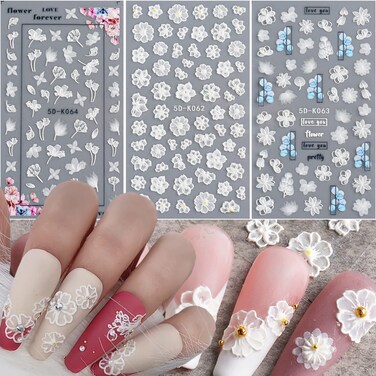 White Flowers Nail Art Stickers, Holographic 5D Engraved Flower Nail Self-Adhesive Sticker Design, Floral Leaf Embossed Nail Transfer Decals for Women Manicure Charms Decorations, Resin Nail Art Tips