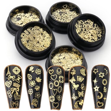 Gold Metal Nail Studs - 3D Glitter Flakes Decorations Set, Flowers Leaf Butterfly Geometry Design, DIY Nail Crafts Supplies
