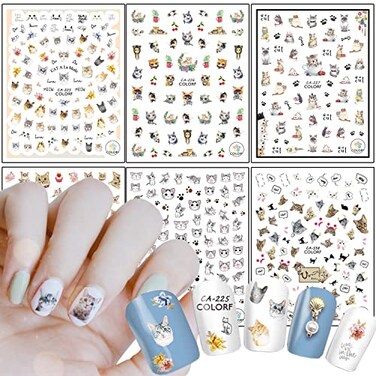 Cartoon Cat Nail Art Stickers, 3D Animal Cat Nail Self-Adhesive Sticker Design, Cute Cat Nail Transfer Decals Acrylic Supplies for Women Girls Manicure Charms Decorations, DIY Resin Nail Decal