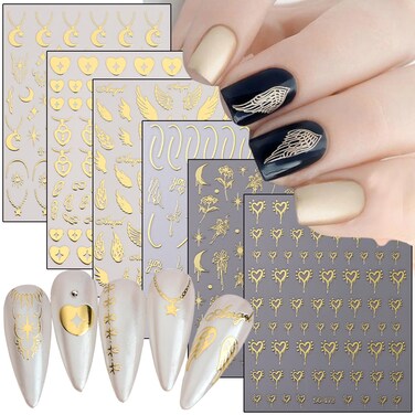 Vezocim Gold Nail Art Stickers Decals 3D Angel Wings Heart Sun Moon Star Flower Rose Line Nail Self-Adhesive Sticker Designs Golden Nail Transfer Decals for Women Girls Manicure Art Decorations