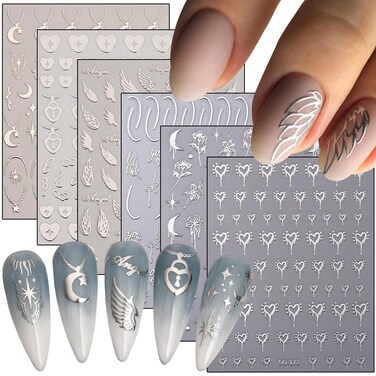 Vezocim Silver Nail Art Stickers Decals 3D Angel Wings Heart Sun Moon Star Flower Rose Line Nail Self-Adhesive Sticker Designs Silver Nail Transfer Decals for Women Girls Manicure Art Decorations