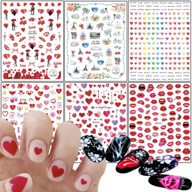 Love Heart Nail Art Stickers, Flowers Rose Sexy Lips Heart Eiffel Tower Nail Self-Adhesive Sticker Designs, 3D Romantic Nail Transfer Decals Supplies for Women Girls Manicure Charms Decorations