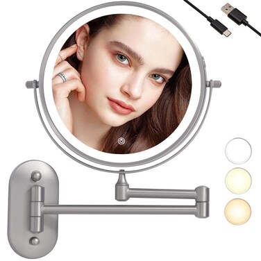 Rechargeable Wall Mounted Lighted Makeup Vanity Mirror with 10X/1X Magnification For Shaving, 8Inch Brushed Nickel Magnifying Mirror Makeup Wall Mounted with Light,13 Inch Extendable (8CB-N10X)