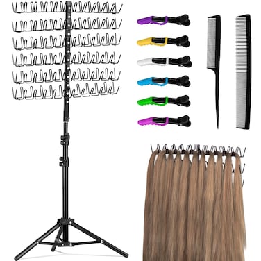 IMENE Braiding Hair Rack - Height Adjustable, 144 Pegs, Display Stand for Hairstylists, Black