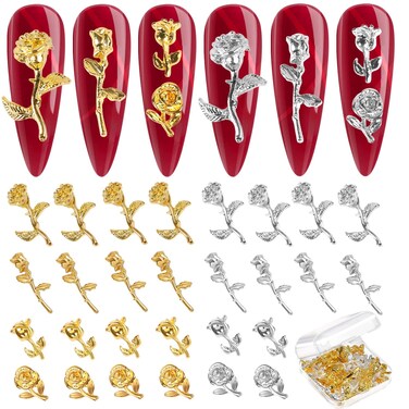 50PCS 3D Gold Silver Rose Nail Charms, Flower Rose Golden Metallic Mini Alloy Nail Art Decals DIY Nail Accessories Studs for Women Girls Salon Nail Manicure Craft Jewelry Making with Box