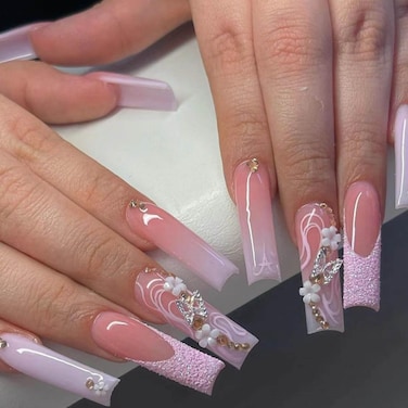 Long Fake Nails Pink Gradeint Press on Coffin Nails Cute Full Cover Acrylic French Fake Nails for Women and Girls 24PCS