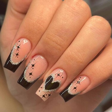 Coffin Nude Fake Nails French False Nails Medium Full Cover Acrylic Heart Fake Nails for Women and Girls 24PCS