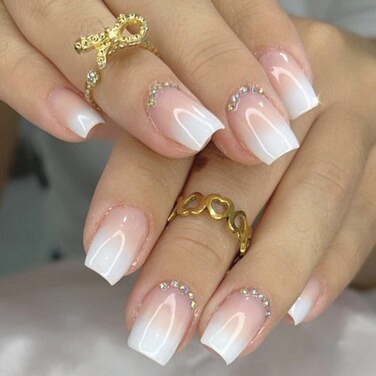 Short Square Press on Nails Gradient Fake Nails with Rhinestones Full Cover Acrylic Nude False Nails for Women and Girls 24PCS