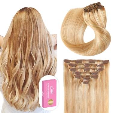 SUYYA Clip in Hair Extensions Real Human Hair,Strawberry Blonde/Bleach Blonde Human Hair Extensions Clip Ins 14 inches 7pcs 110g Straight Double Weft Remy Human Hair(14 inches #P27/613)